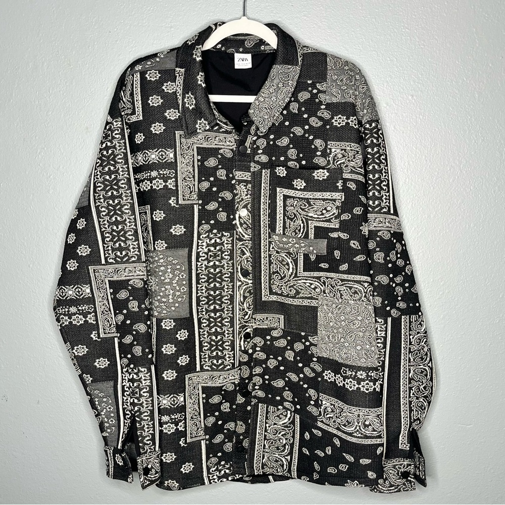 ZARA Black and White Bandana Print Streetwear Paisley Quilt Lookalike Jacket XL